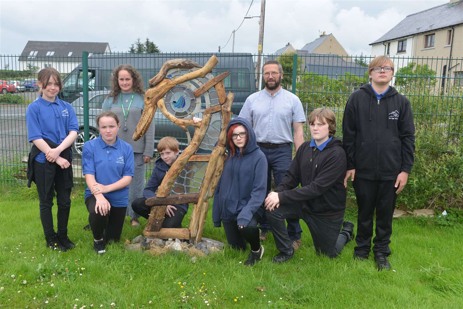 North Coast Campus head teacher Katherine Wood and glass artist Michael Bullen stand next to one of the artworks with S2 students at Farr High School, left to right Rehanna Coles, Christina Gilmour , Iain Magee, Lucy Herd, Sam Heddle and Jayden Mackay.