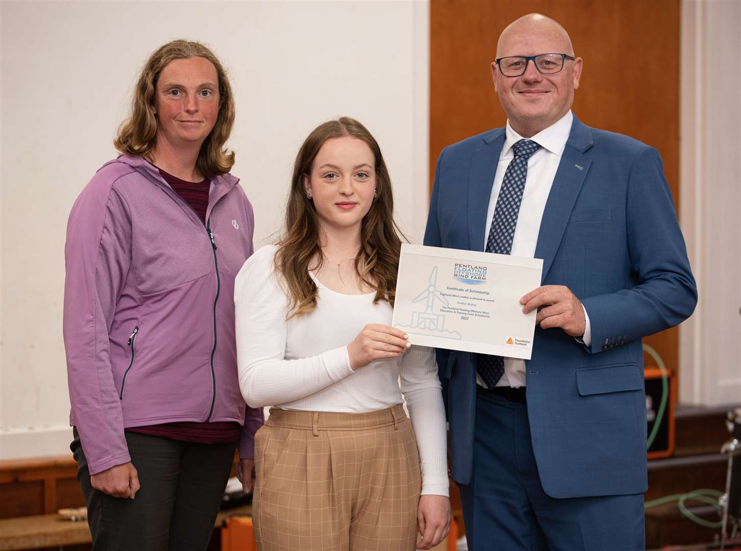 Eilidh Coll (left), from Foundation Scotland, and Anders Galsgaard, of Copenhagen Offshore Partners, with bursary recipient Heather McKay in June 2022.