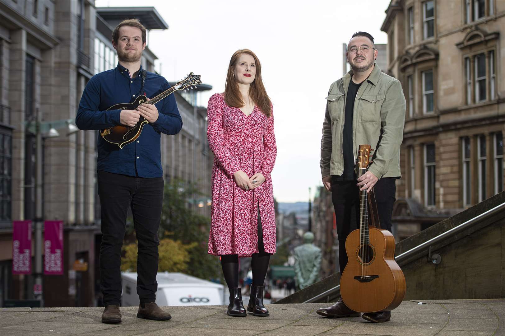 Three musicians who will play Celtic Connections opening night concert 'Neath The Gloamin' Star – Innes White (left), from Dingwall, with Hannah Rarity and Paul McKenna at Glasgow’s Royal Concert Hall to launch the programme.