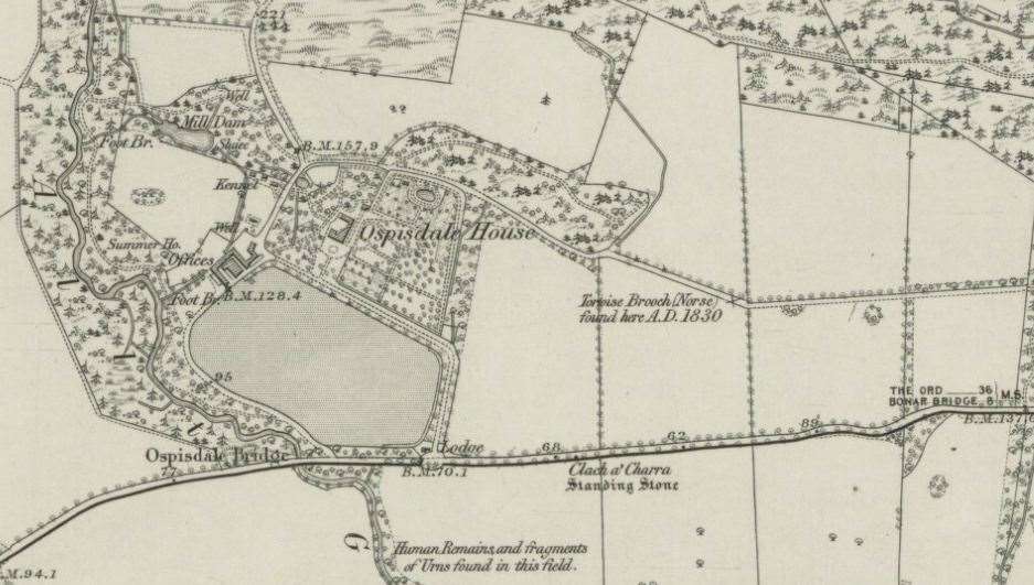 Ospisdale House and the location of the standing stone are marked on this historic map.