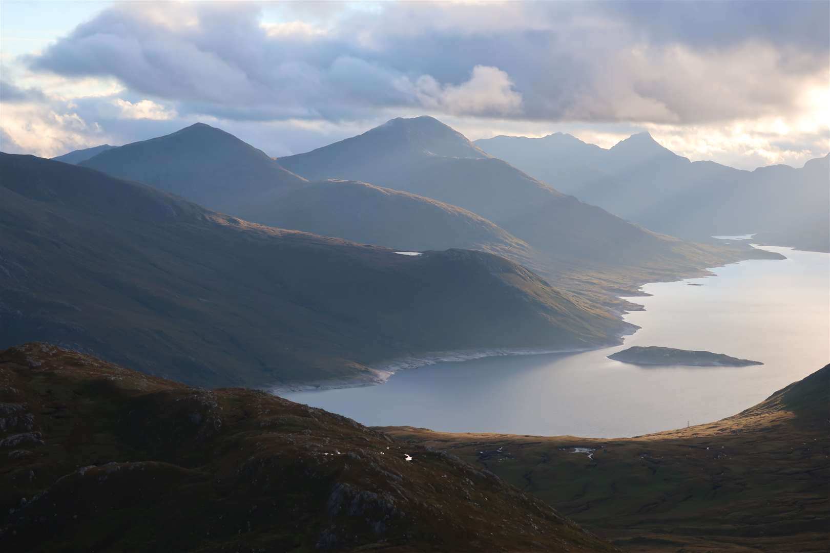 Looking towards Kinloch Hourn over Gairich, Sgurr Mor and Sgurr na Ciche above Loch Cuaich.