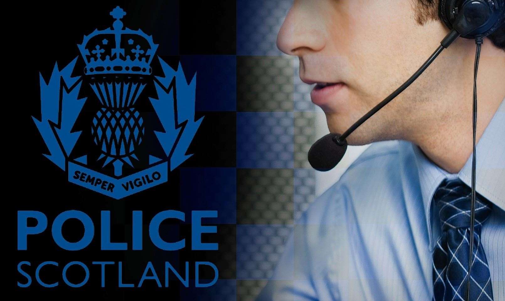POLICE SCOTLAND LOGO and generic call centre staff.