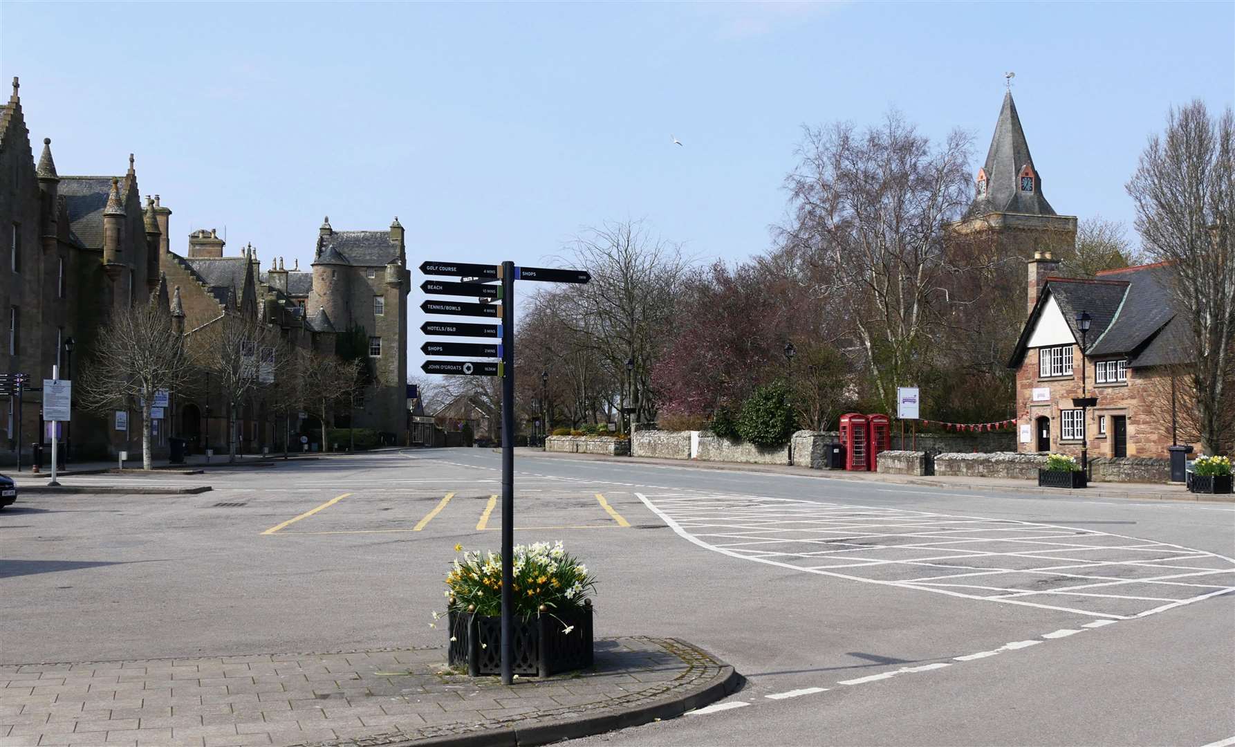 An empty Dornoch town square during lockdown.
