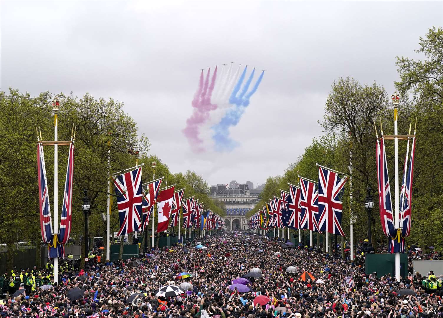 The flypast by the Red Arrows over The Mall following the coronation (Niall Carson/PA)