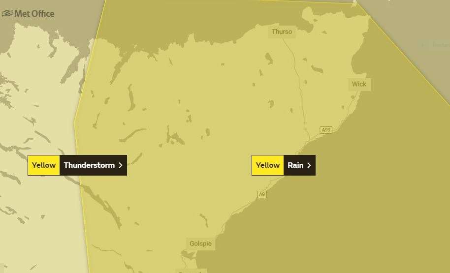 Met Office map with warnings of rain and thunderstorms over Caithness and Sutherland today.