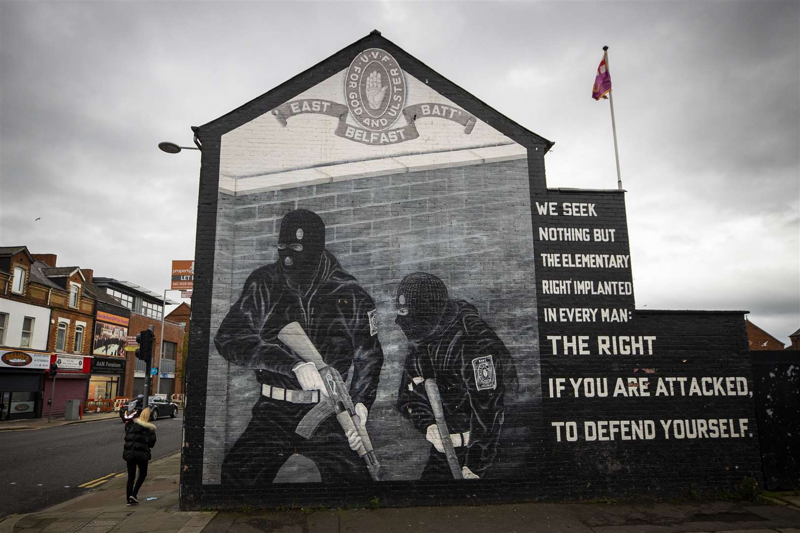 Ulster Volunteer Force (UVF) mural in support the of Ulster loyalist paramilitary group, on the wall of a property on the Lower Newtownards Road in east Belfast (PA)