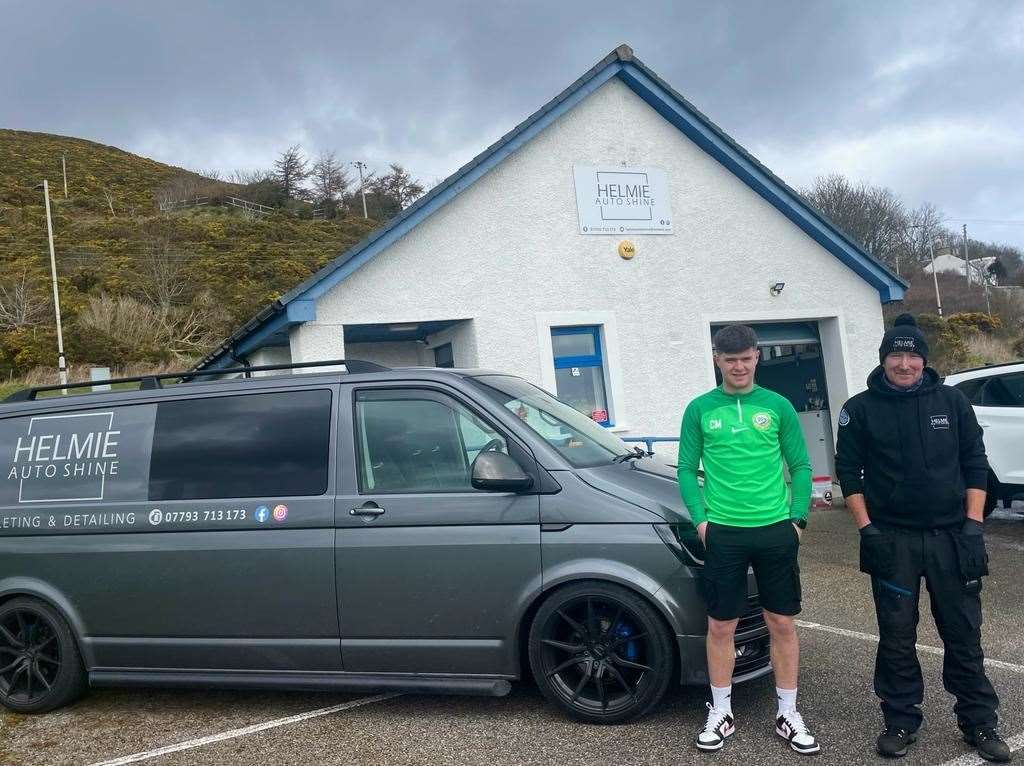 Helmsdale United co-manager Colin Macrae and club sponsor Stuart Davidson aka 'Todd' of Helmie Auto Shine