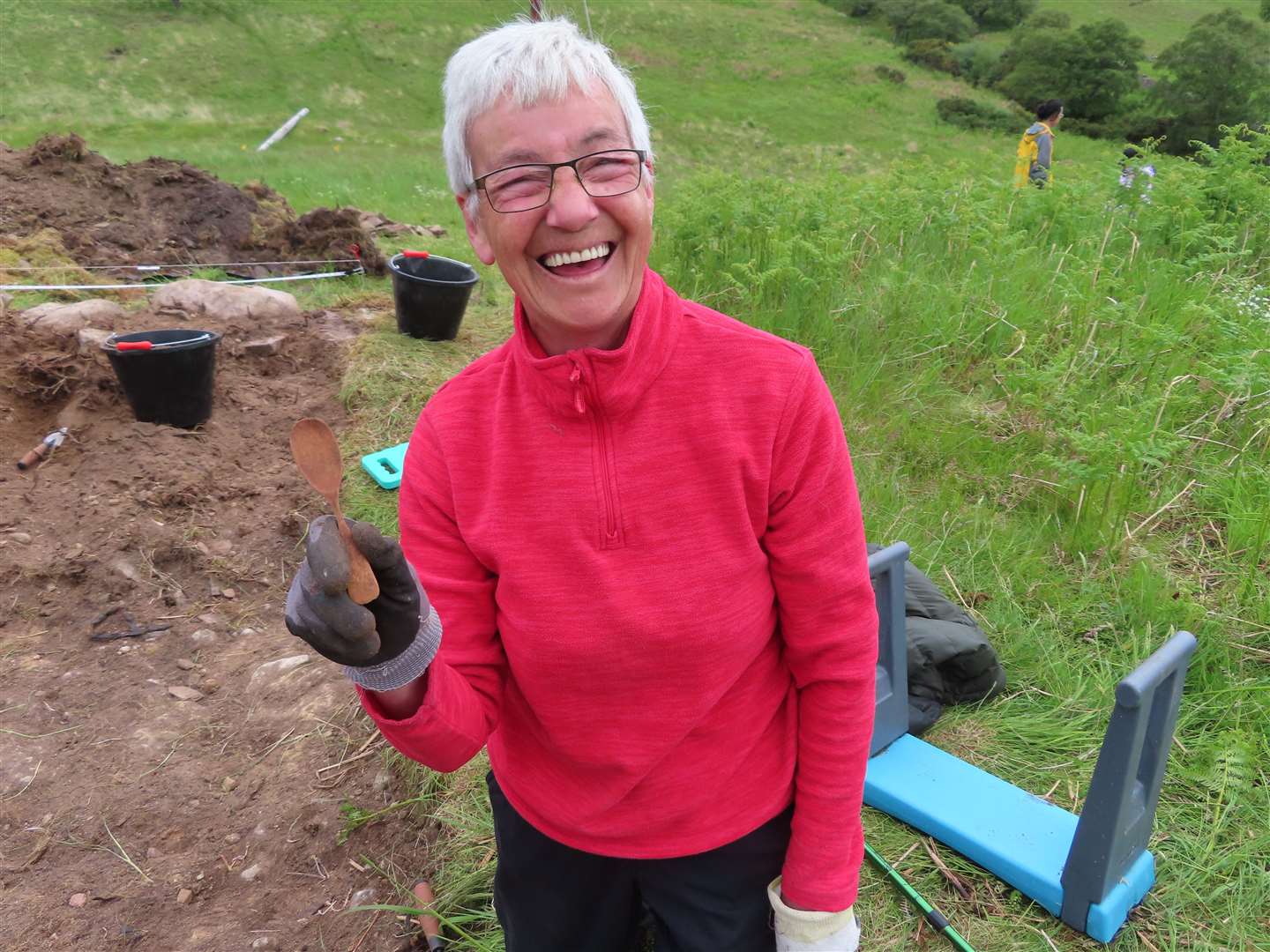 Delighted: Brora businesswoman Linda Graham, who runs Linda’s Cafe, volunteered at the dig and unearthed the carved bone spoon - but nearly discarded it.